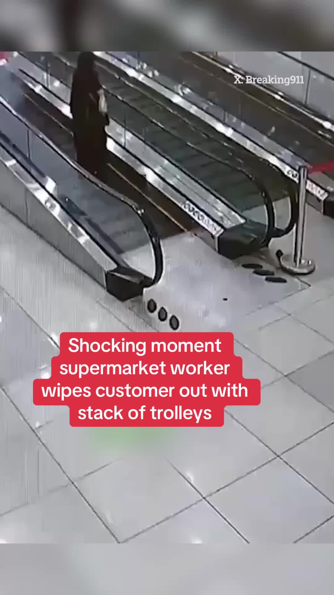 This is the shocking moment a supermarket worker wipes a customer out with stack of trolleys. Tap the link above for the full story.  #supermarket #workplace #worklife #cctv #viralclips 