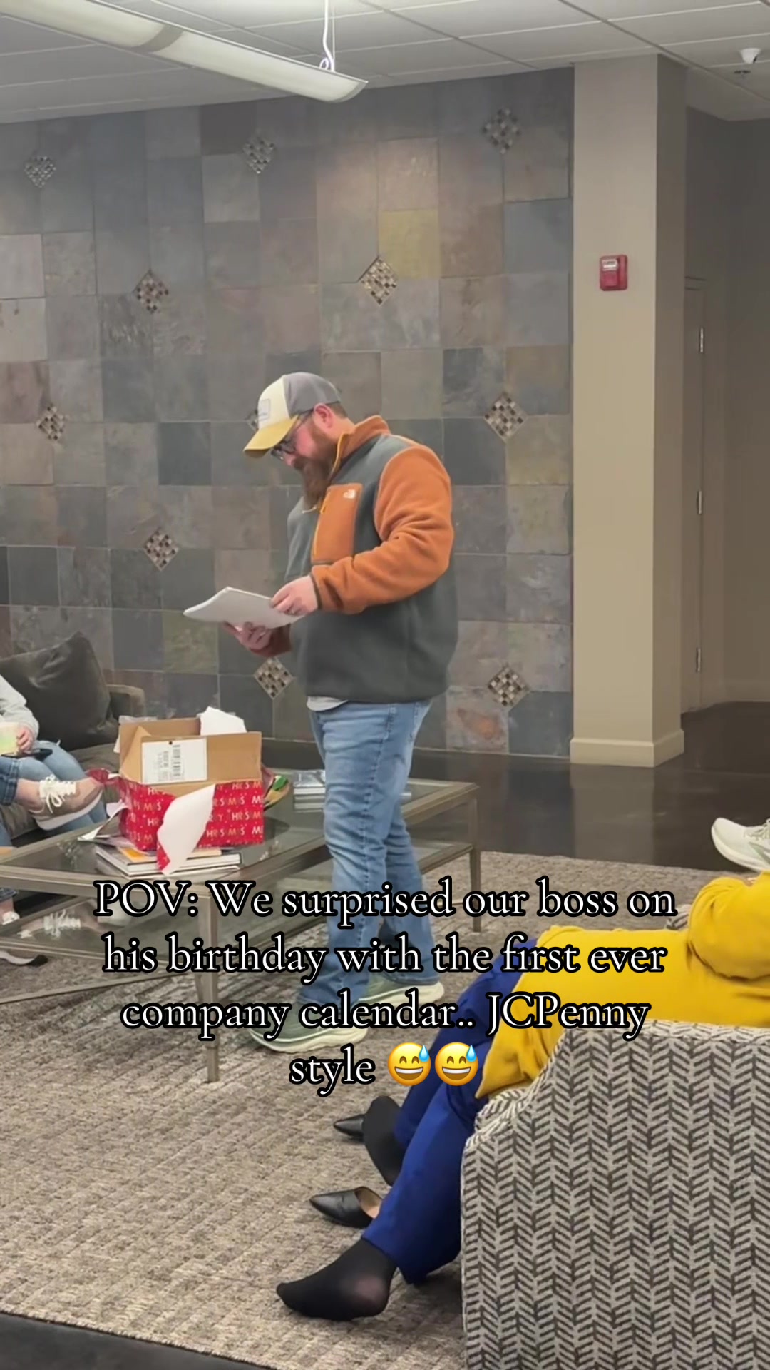 POV: We surprised our boss on his birthday with the first ever company calendar.. JCPenny style 😅😅 @jcpennyportraits  #jcpenneyphotoshoot #jcpenneyportraits #employeehumor #coworkerhumor #pov 