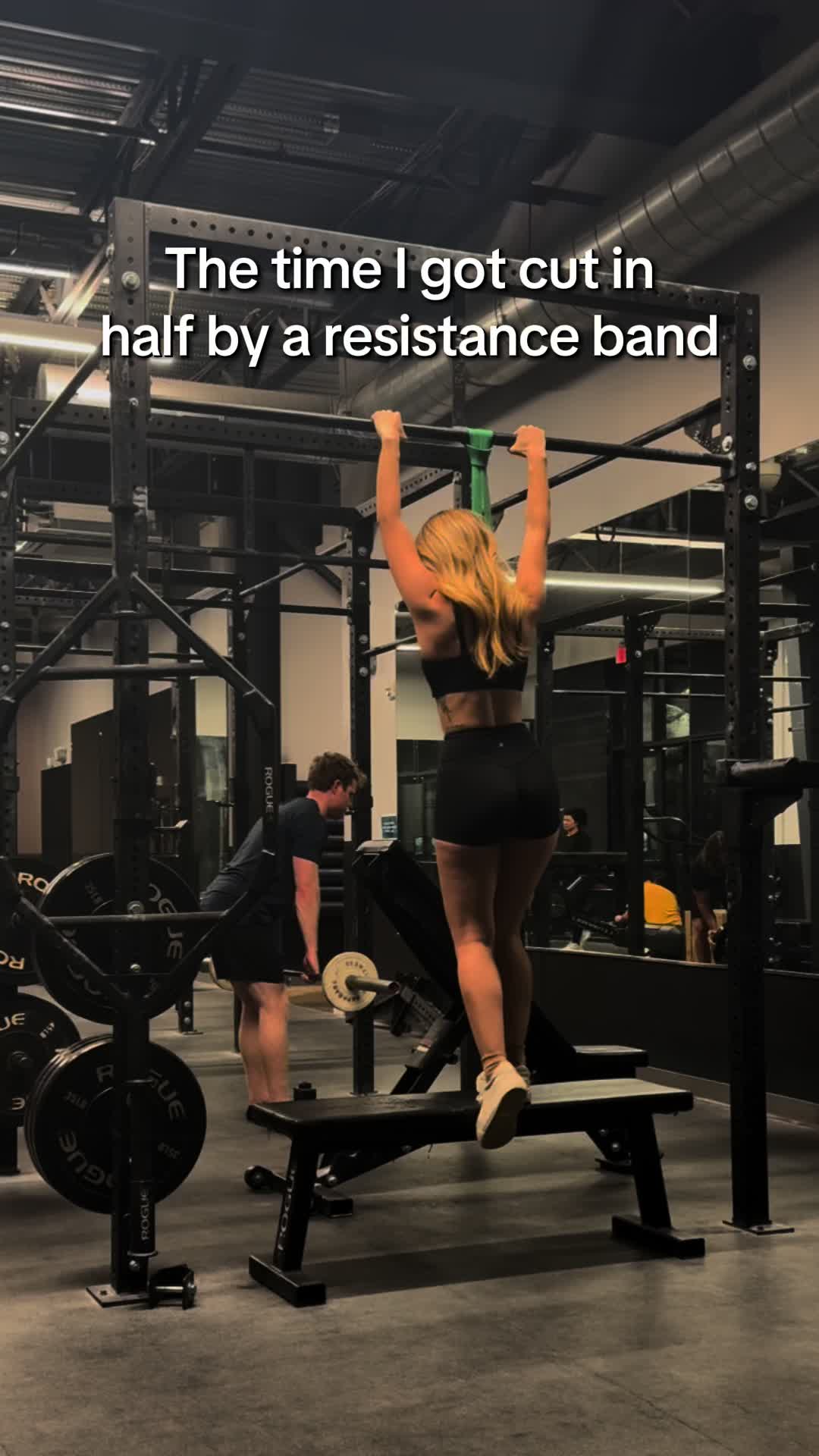 So I guess I need to explain what happened since yall are confused. I kicked the bench over ON PURPOSE to get it out of my way for pull ups. The band smacking me was the mistake. #gymgirl #gym #blonde #gymfail #blooper