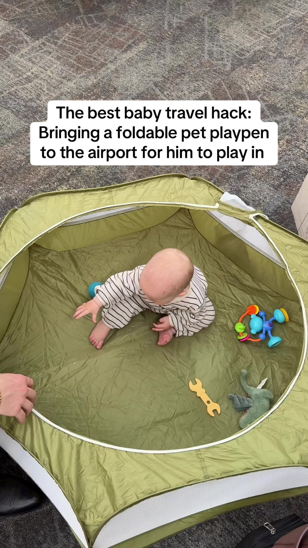 Folds up like a pancake! The best $20 you’ll ever spend on Amazon. Linked in my bio ✨ #baby #babyessentials #babyboy #babytravel #travel